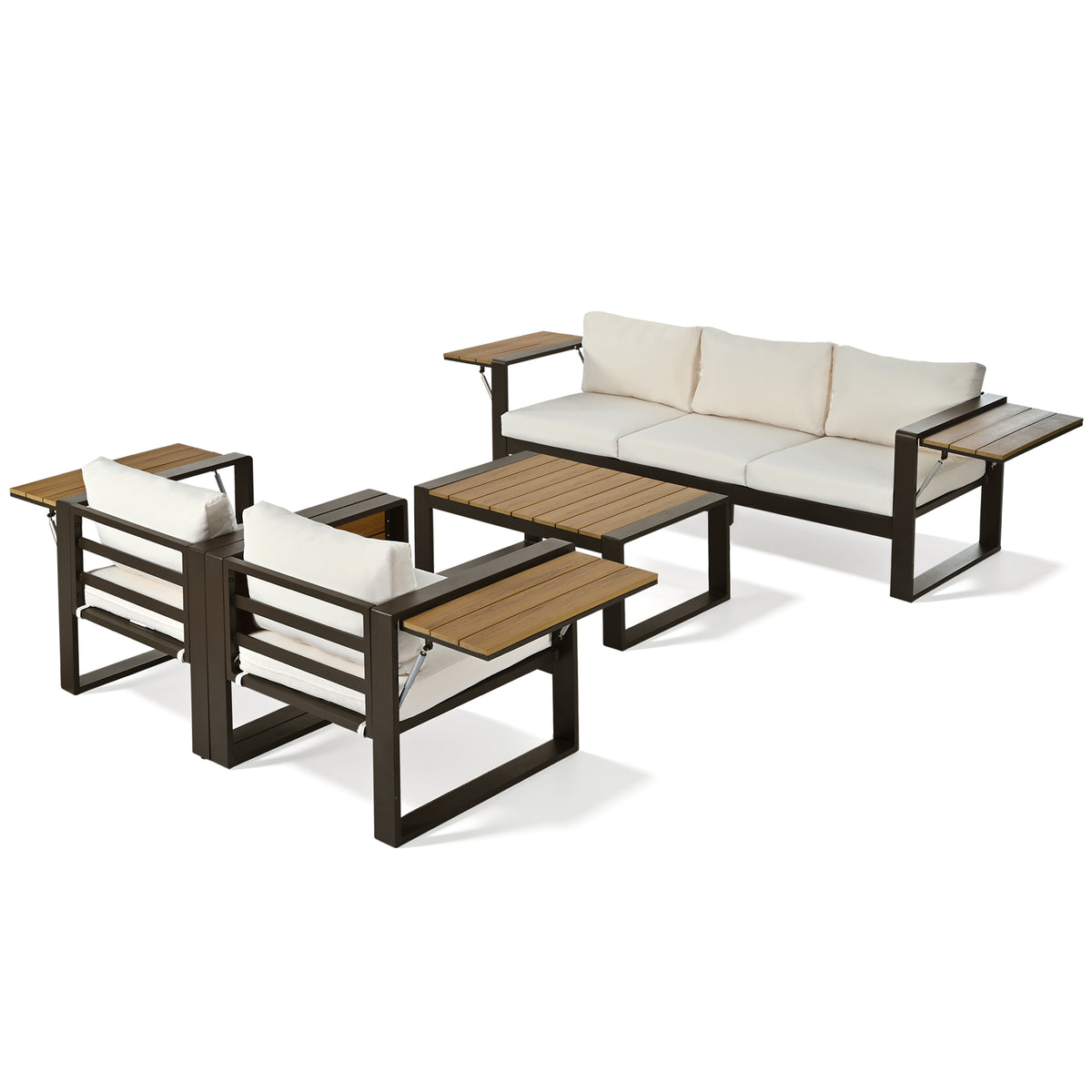 variant-group:rf-n704g201257a|Roomfitters 4-Piece Aluminum Patio Conversation Set with Four Fold-Out Side Trays and Slatted Coffee Table Beige
