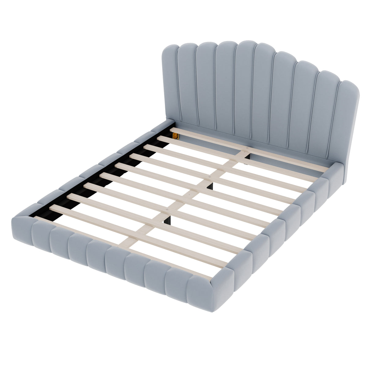 Roomfitters Queen Size Shell-Shaped Velvet Upholstered Platform Bed, Channel Tufted Headboard, No Box Spring Needed, Light Blue Roomfitters