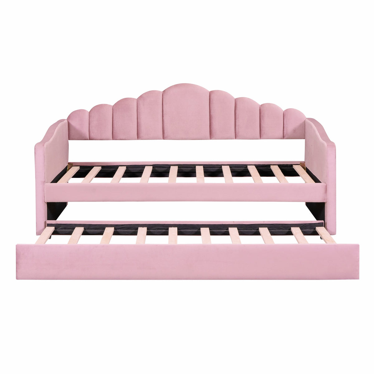 Roomfitters Twin Upholstered Daybed with Trundle, Velvet Sofa Bed with USB Charging Ports, No Box Spring, Pink