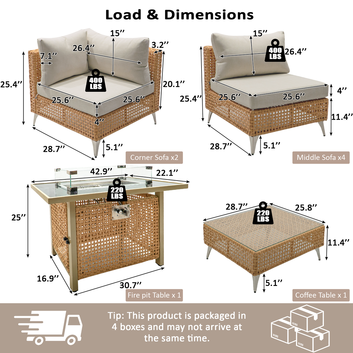 variant-group:rf-n707s000012z|Roomfitters 8-Piece Patio Furniture Set with 43" Fire Pit Table, Outdoor Conversation Set with Thick Cushions, Beige
