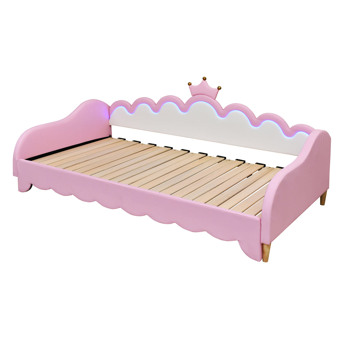 variant-group:rf-n733hl000104aah|Roomfitters Twin Extending Daybed with Lights, Modern Upholstered Princess Daybed Featuring Crown Headboard, Elegant and Practical Design, Pink