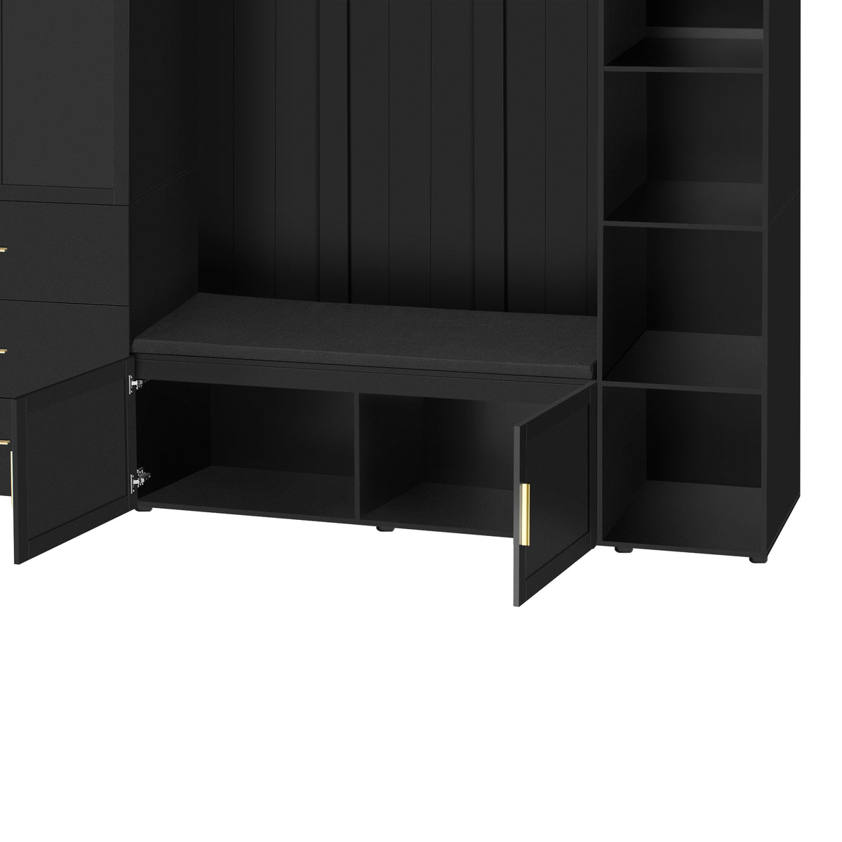 variant-group:rf-n724sj000167aab|Roomfitters American Style Extra-Wide Hall Tree with Padded Cushion Seat, Antique Black