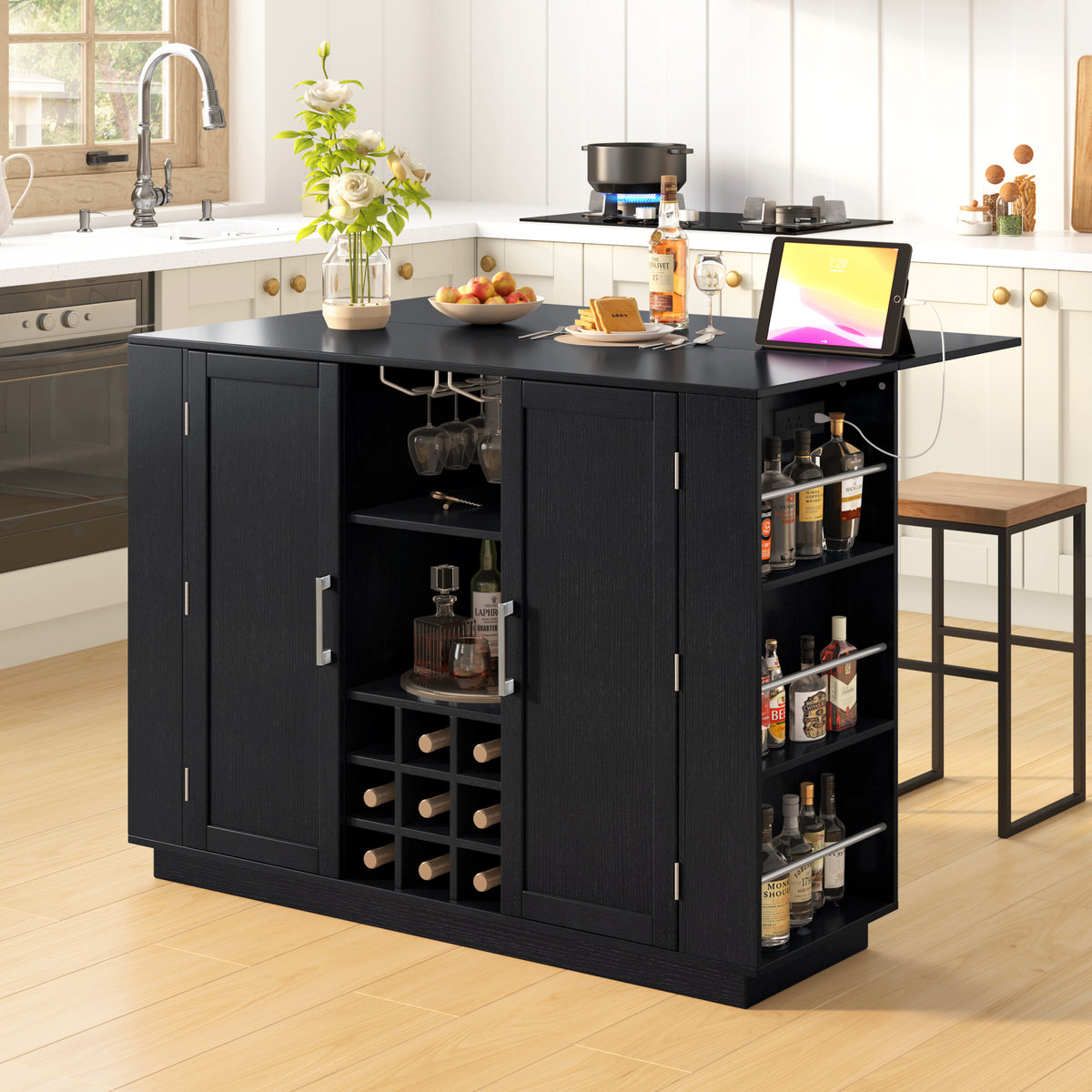 variant-group:rf-n711p437715b|Roomfitters 47.2-Inch Counter Height Bar Cabinet, Black Sideboard Buffet Table, Foldable Drop Leaf, Built-In Power