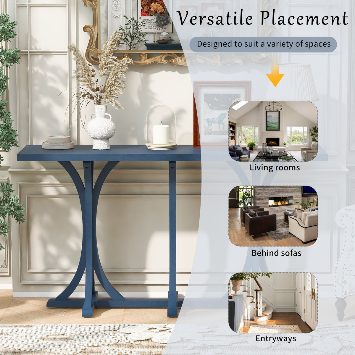 variant-group:rf-n711p295300v|Roomfitters 59.8" Console Table with Oak Veneer Top, Modern Arched Leg Entryway Sofa Table for Hallway & Living Room, Navy Blue