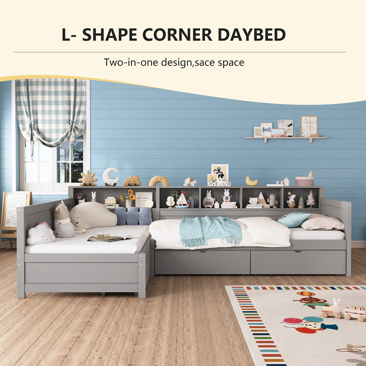 variant-group:rf-n733s369272e|Roomfitters Twin L-Shaped Daybed for 2 with 3 Storage Drawers, Wooden Corner Bed Frame with Bookshelf for Bedroom, Gray