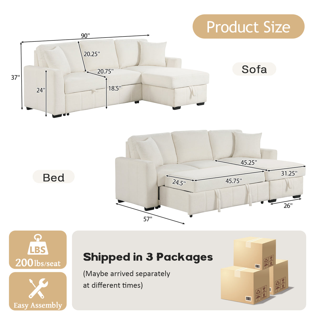 variant-group:rf-n711wy000467aaa|Roomfitters 90" L-Shaped Sectional Sleeper Sofa with Storage Chaise and Pull Out Bed, Fold Down Cup Holder Table, Beige