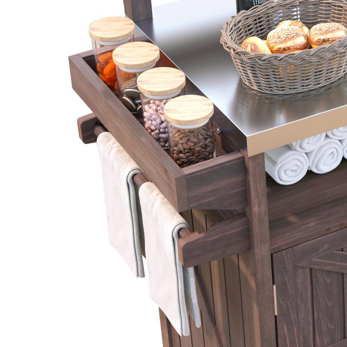 variant-group:rf-n707p250628z|Roomfitters 53.3" Outdoor Kitchen Island with Raised Shelf, Wood Storage Cabinet, Stainless Steel Top, Rolling Grill Cart, Brown