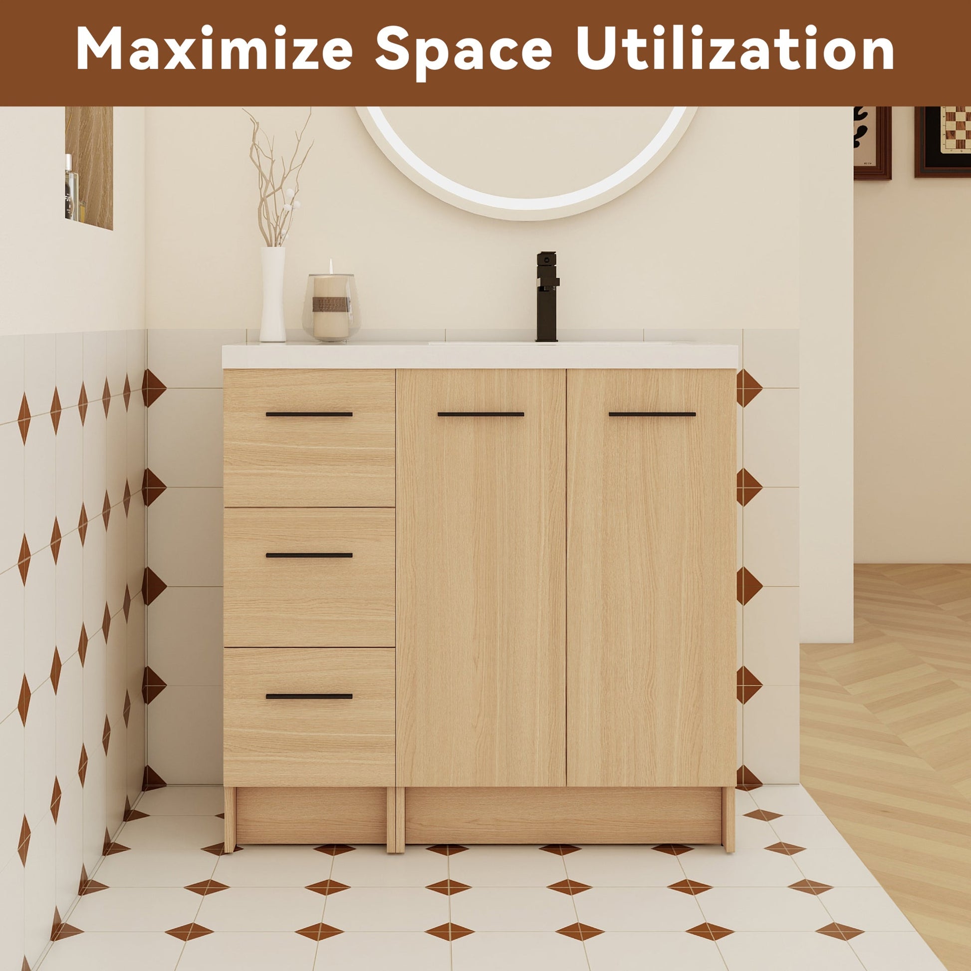 36" Modular Freestanding Bathroom Vanity with 36" Resin Sink Top, Light Oak, 2-Piece Cabinet (24" 2-Door + 12" 3-Drawer), KD Cabinet, Includes Black & Brushed Aluminum Handles Roomfitters
