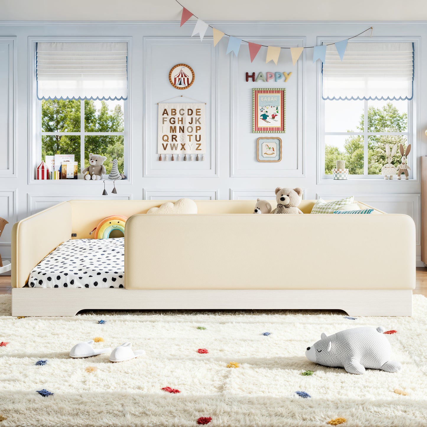 variant-group:rf-w1580s00673|Roomfitters Queen Size Upholstered Floor Bed Frame with Removable Guardrails, Faux Leather Low Profile Platform, Beige