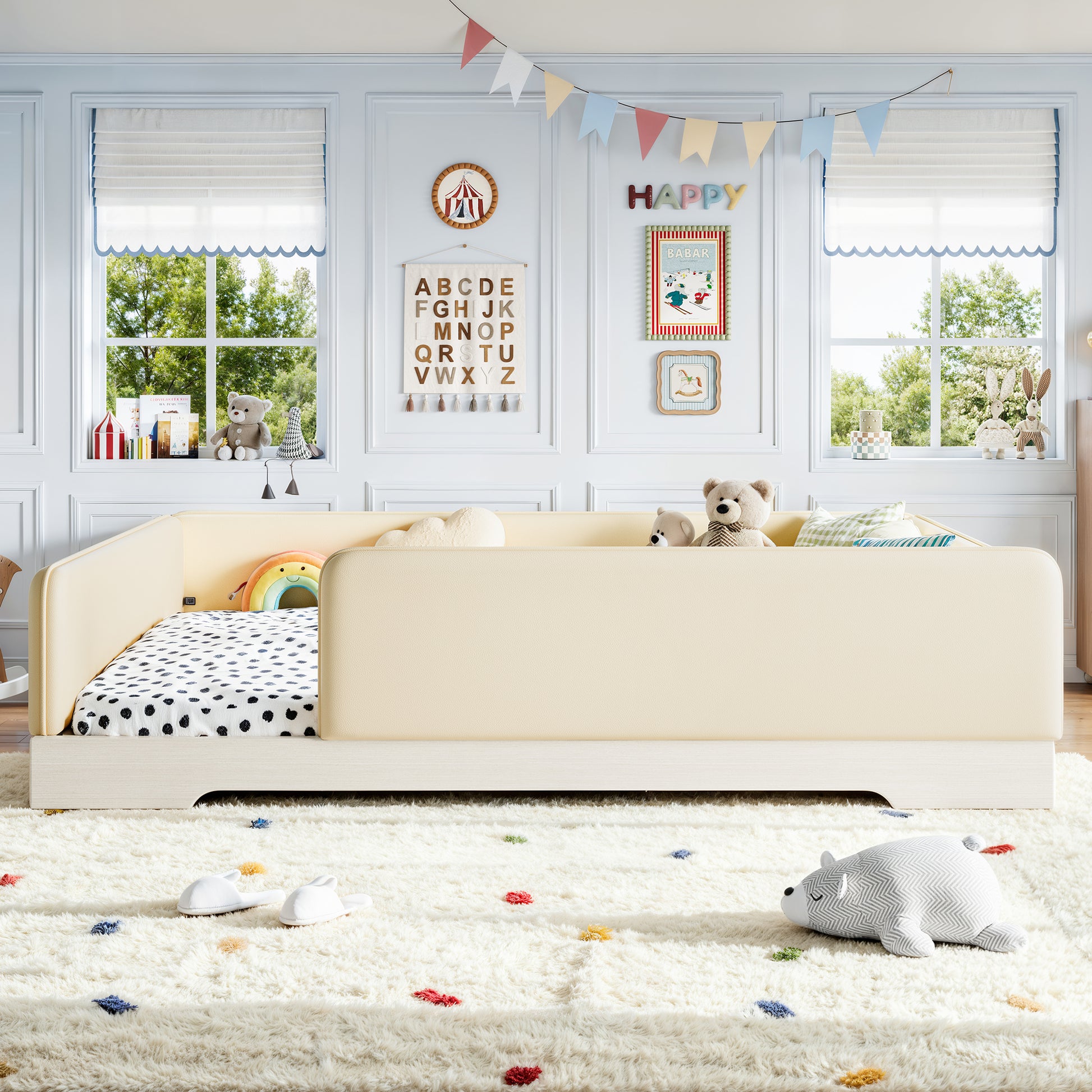 variant-group:rf-w1580s00673|Roomfitters Queen Size Upholstered Floor Bed Frame with Removable Guardrails, Faux Leather Low Profile Platform, Beige
