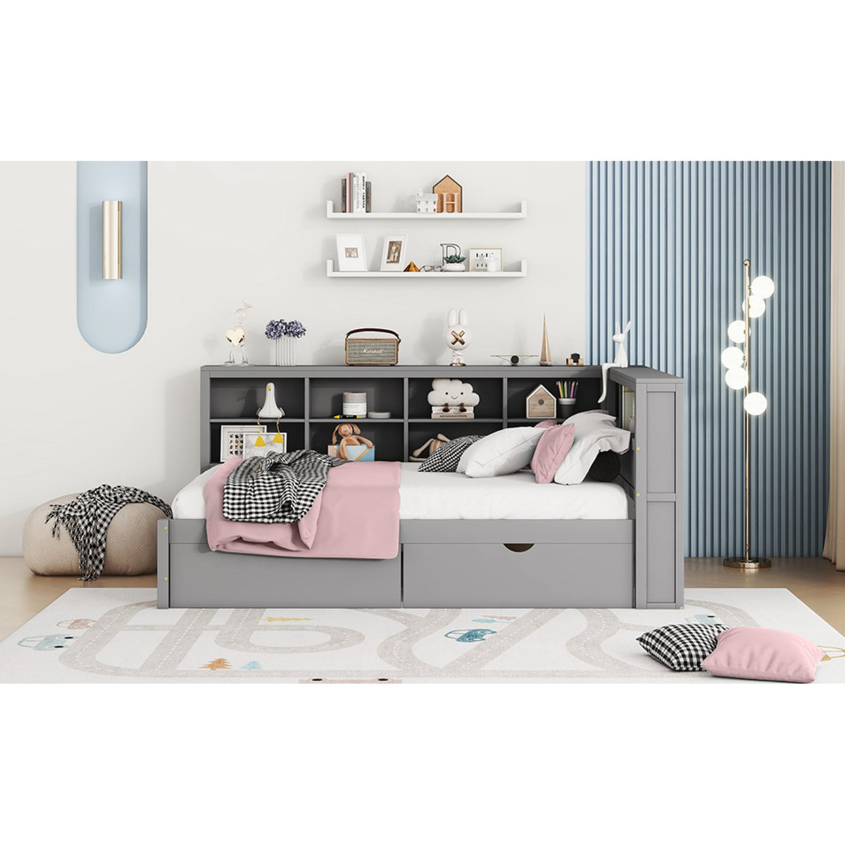 Roomfitters Wooden Full Size Daybed with Versatile Storage Shelf and USB Charging Ports, Functional Design for Modern Living, Grey