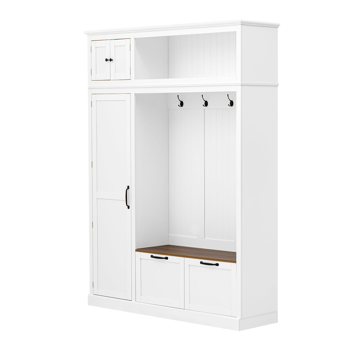 variant-group:rf-n724sj000160aak|Roomfitters 3-in-1 Entryway Hall Tree with Overhead Storage Cabinet, 2 Drawers, White