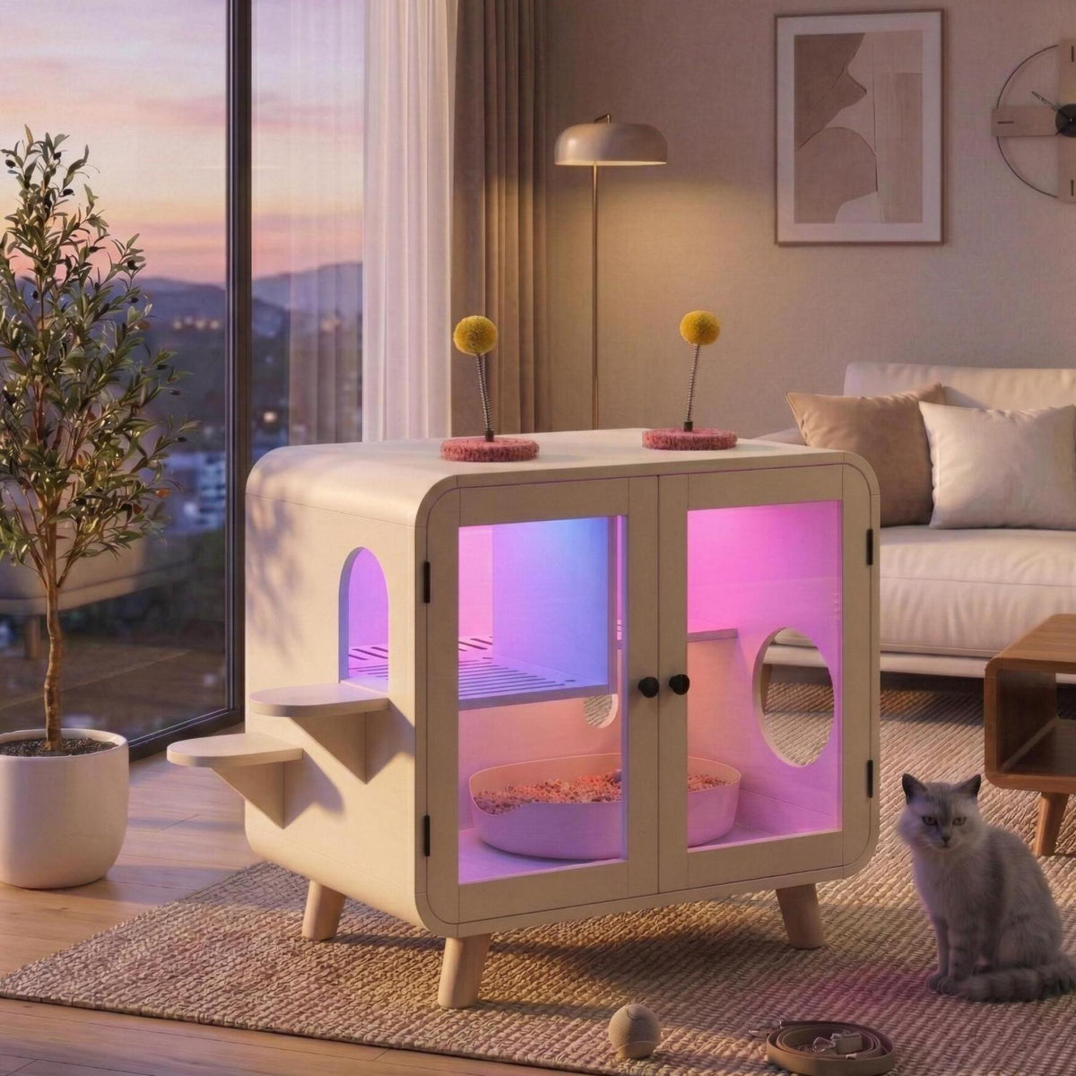 variant-group:rf-n704p419240a|Roomfitters Retro TV-Style Hidden Cat Litter Box Enclosure with App Controlled RGB LED Lights and Stairs Beige
