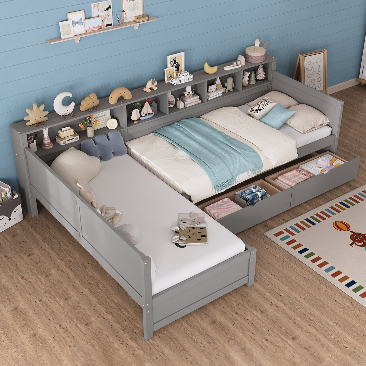 variant-group:rf-n733s369272e|Roomfitters Twin L-Shaped Daybed for 2 with 3 Storage Drawers, Wooden Corner Bed Frame with Bookshelf for Bedroom, Gray