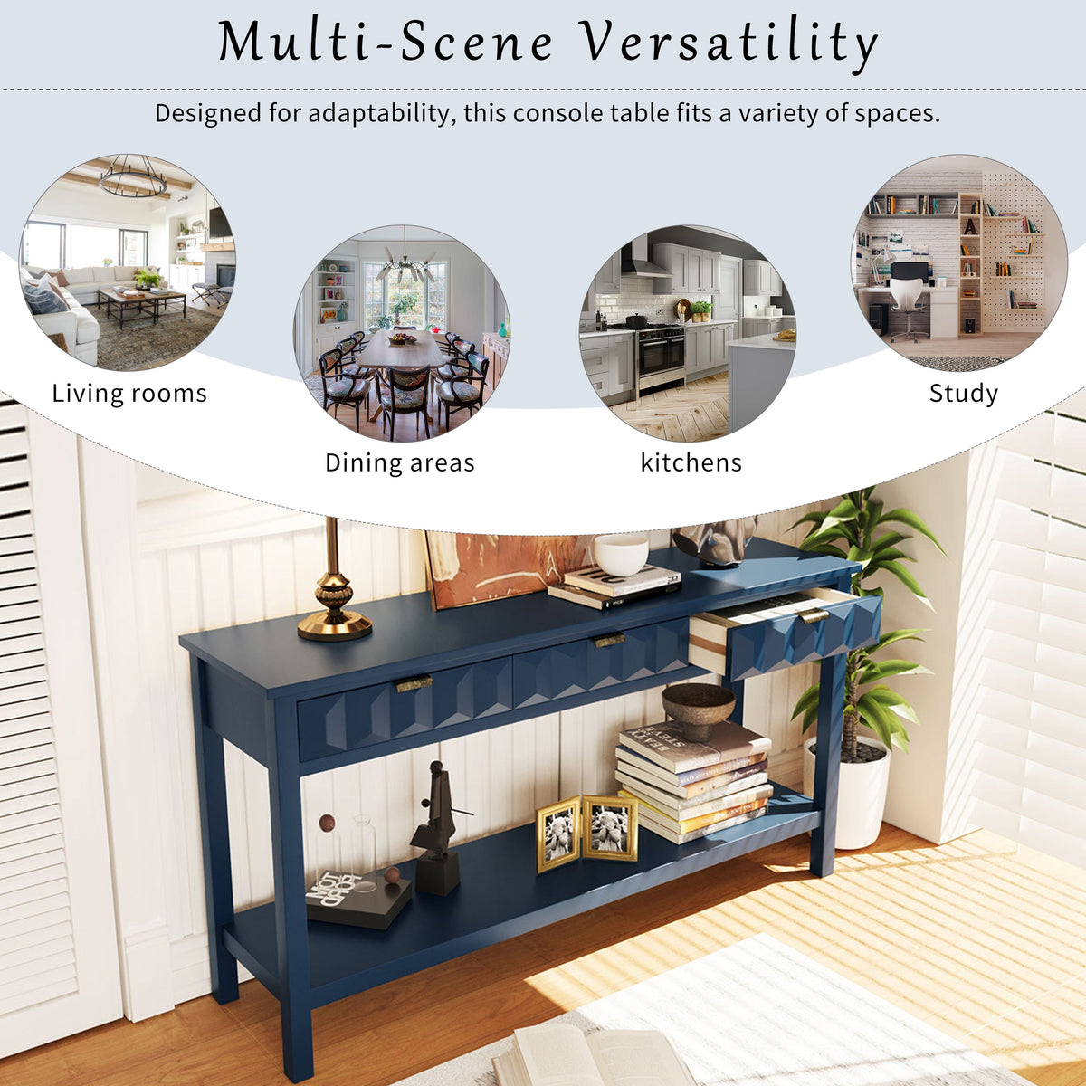 Roomfitters 60'' Entryway Console Table with Storage, Modern Accent Sofa Table with Geometric Front Design, Navy Blue Roomfitters