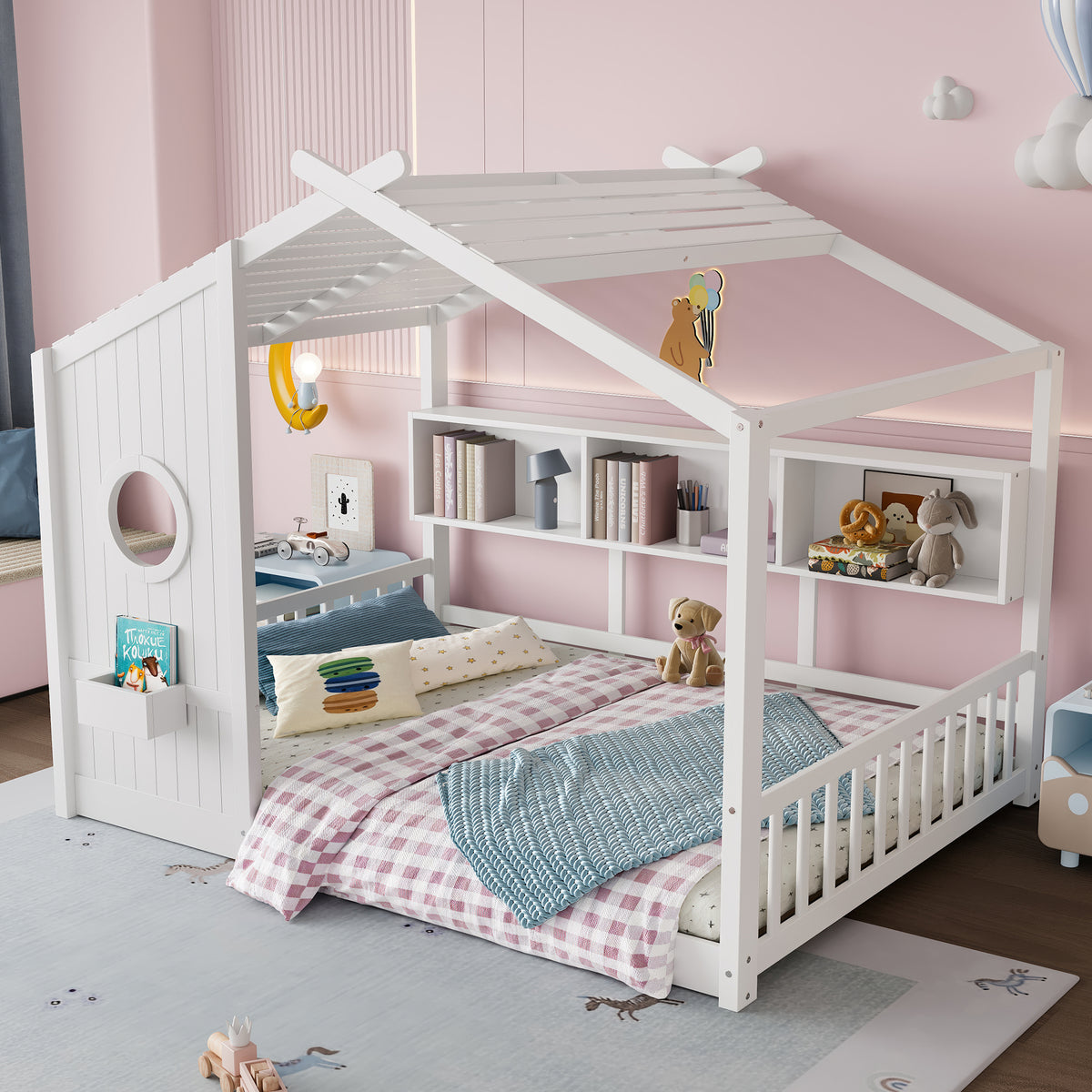 variant-group:rf-n733p335068k|Roomfitters Full Size Floor House Bed with Storage Shelf and Roof Design, Montessori Playhouse Bed, White