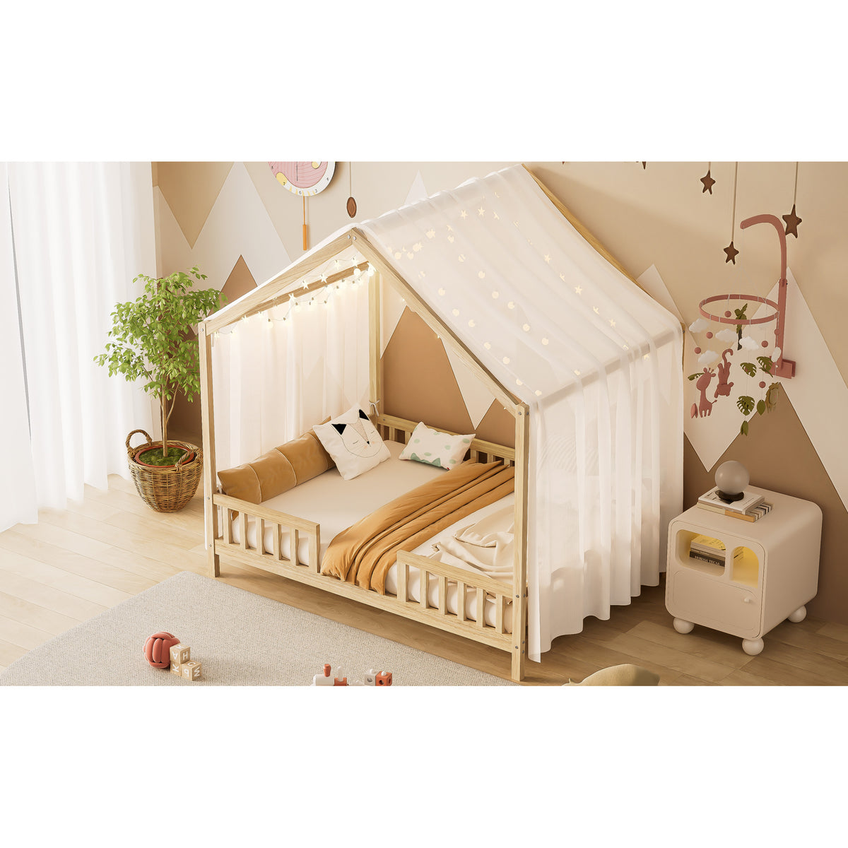 variant-group:rf-n733p356048m|Roomfitters Full Montessori Floor Bed with Canopy, House Shape Wood Frame with Safety Rails, Platform Bed, Natural