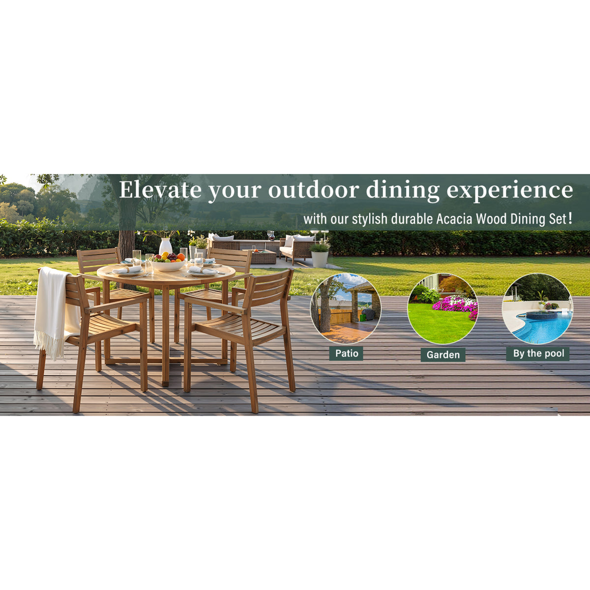 variant-group:rf-n711wy000475aao|Roomfitters 5-Piece Outdoor Dining Set for 4, 47.2-Inch Round Acacia Wood Table, Natural Brown Slatted Patio Group