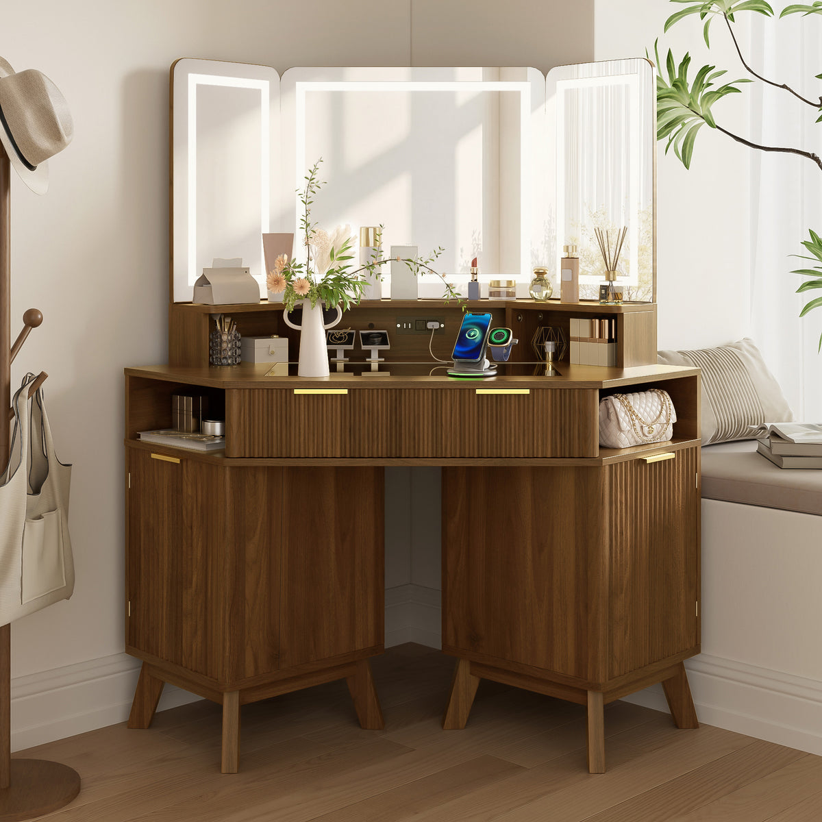variant-group:rf-n704p392485p|Roomfitters 47.2" Corner Makeup Vanity Desk with 3-Panel LED Mirror, Glass Top, Charging Station and Storage Hutch, Walnut