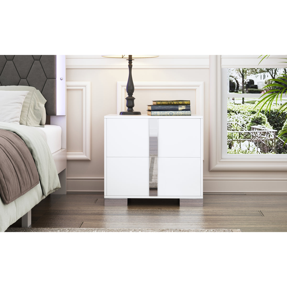 variant-group:rf-n733p307938w|Roomfitters Elegant Mirrored Nightstand with 2 Drawers and Metal Handle, Bedside Table for Bedroom or Living Room, White