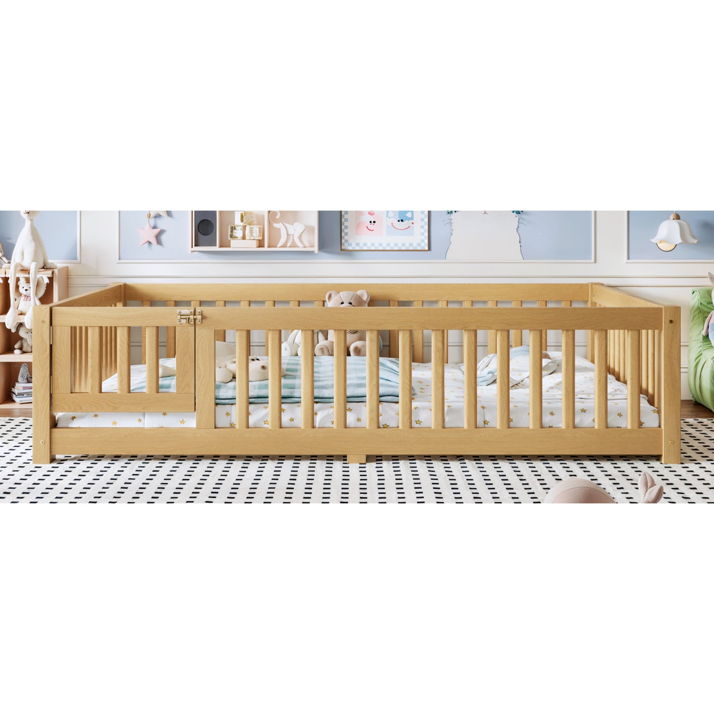 variant-group:rf-w1580p462323|Roomfitters Full Size Wooden Floor Bed Frame with Safety Guardrails Door, Solid Wood Low Profile Toddler Play Bed, Natural