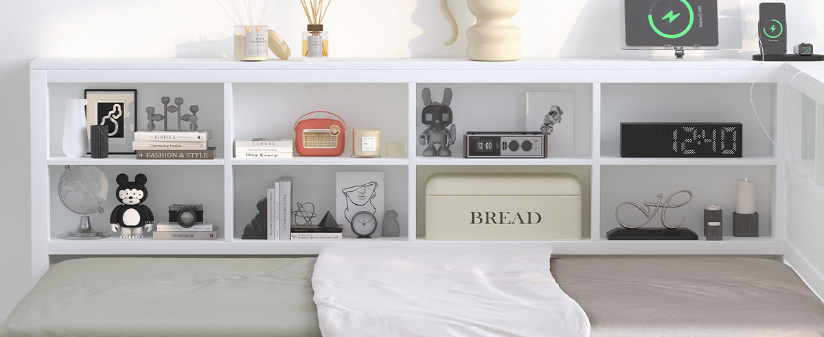 variant-group:rf-n733s347731k|Roomfitters Wooden Full Daybed with Twin Trundle, Storage Shelf & USB Charging Ports, White