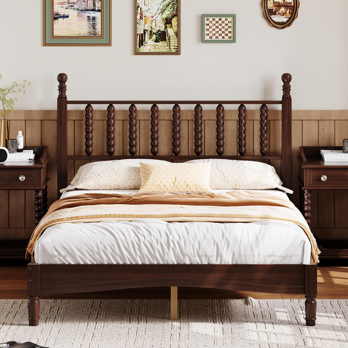 variant-group:rf-n733p338317d|Roomfitters Full Wood Platform Bed, Retro Gourd Spindle Headboard with Solid Slat Support, Walnut