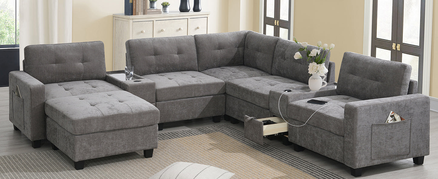 variant-group:rf-n723s1191e|Roomfitters 104 Inch Modular Sectional Sofa with Console and Cup Holders, Upholstered L-Shape Couch for Home Decor, Gray