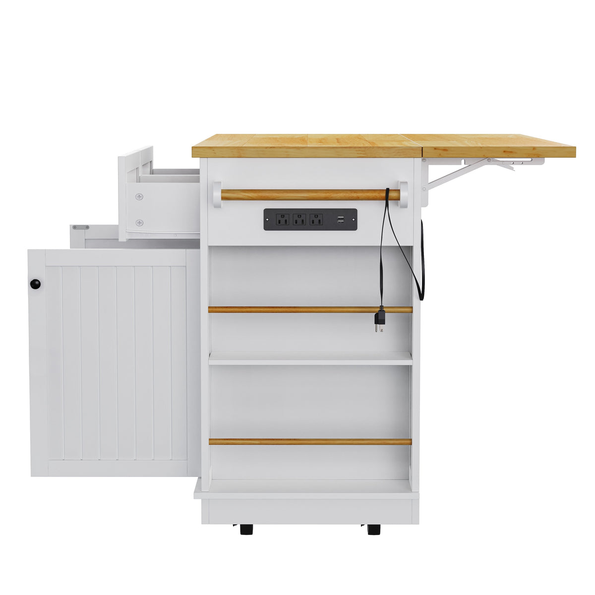 Roomfitters 48" Kitchen Island with 2 Bar Stools, Drop Leaf, Power Outlet, Rolling Cart with Side Shelves, White