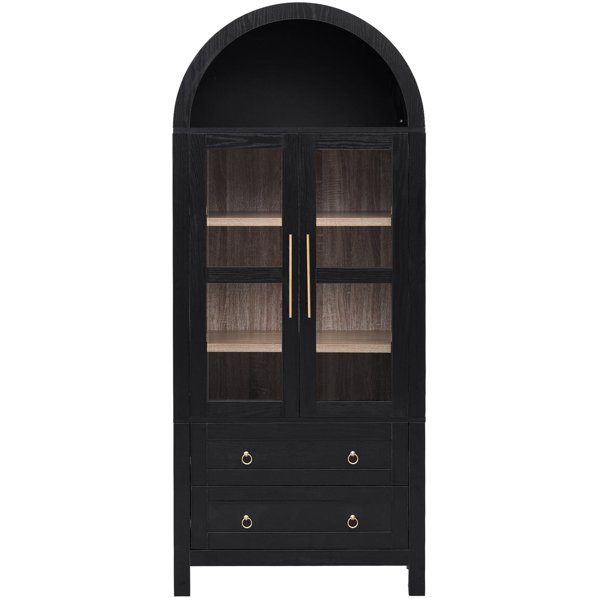 variant-group:rf-n707p288972b|Roomfitters 71" Pantry Cabinet with Arched Top and Glass Doors, 2 Storage Drawers and Adjustable Shelves for Kitchen, Black