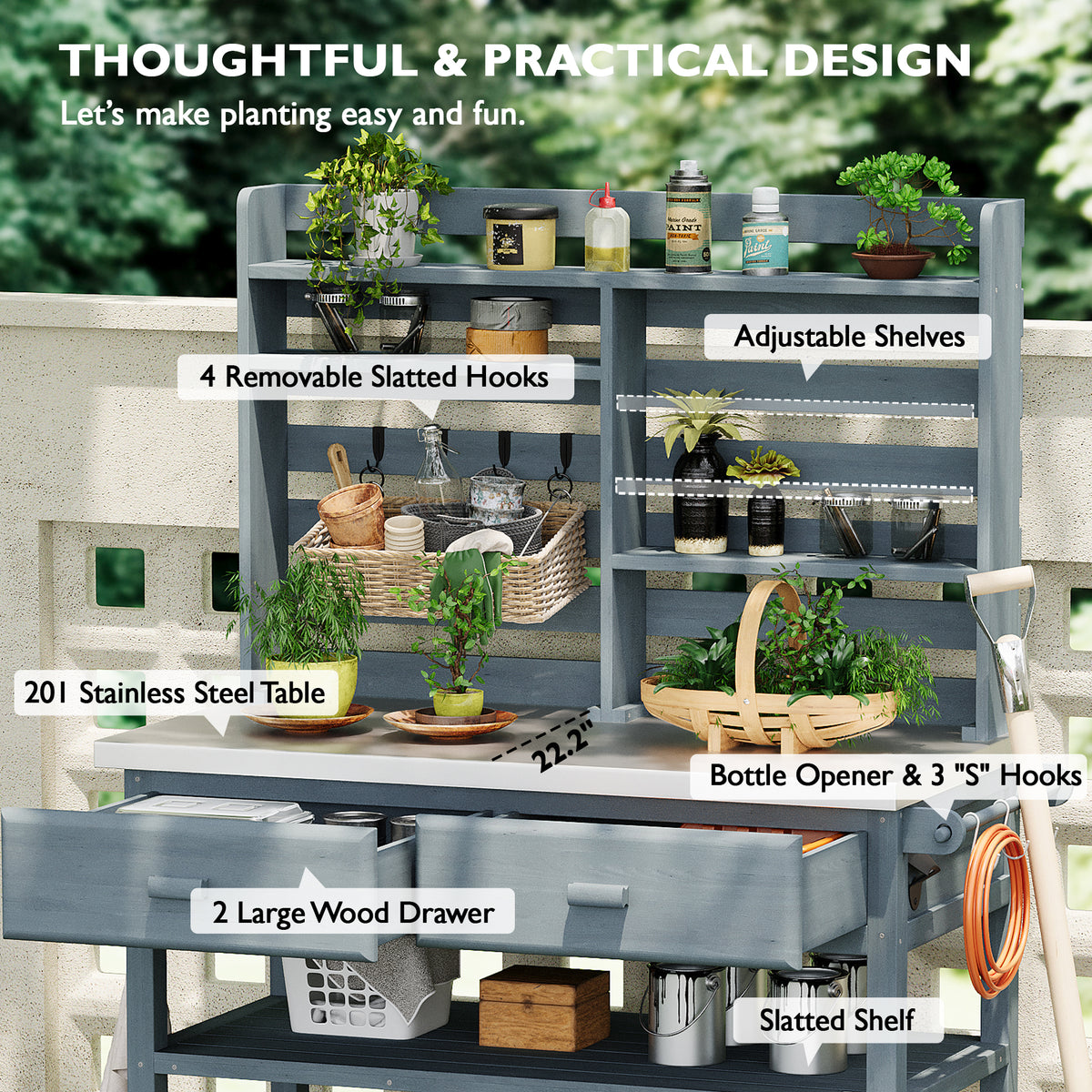 variant-group:rf-n707p228274g|Roomfitters 64.9" Outdoor Potting Bench Table, Rolling Kitchen Island with Hutch, Stainless Steel Top, Storage, Grey Blue