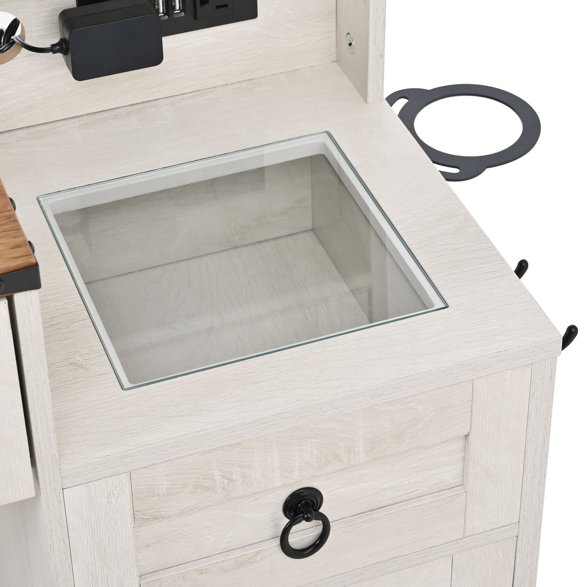 variant-group:rf-n733p340562k|Roomfitters Farmhouse Vanity Desk with Sliding Mirror & Lights, Glass Top, Charging Station, 4 Drawers, 2 Cabinets, Stool, White