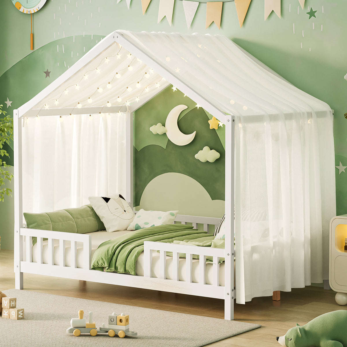 variant-group:rf-n733p356048k|Roomfitters Full Montessori Floor Bed with Canopy, House Shape Wood Frame with Safety Rails, Platform Bed, White