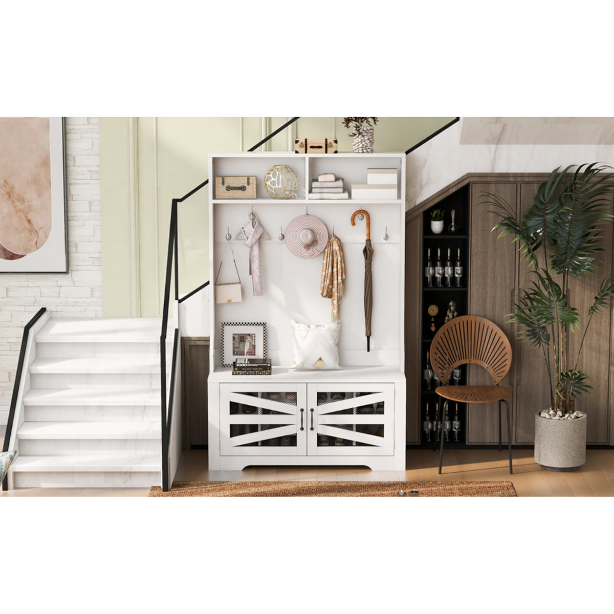 variant-group:rf-n724p264668k|Roomfitters 3-in-1 Entryway Bench with Coat Rack, Adjustable Shelves and 7 Hooks, 43.3" Hall Tree for Entrance or Living Room, White
