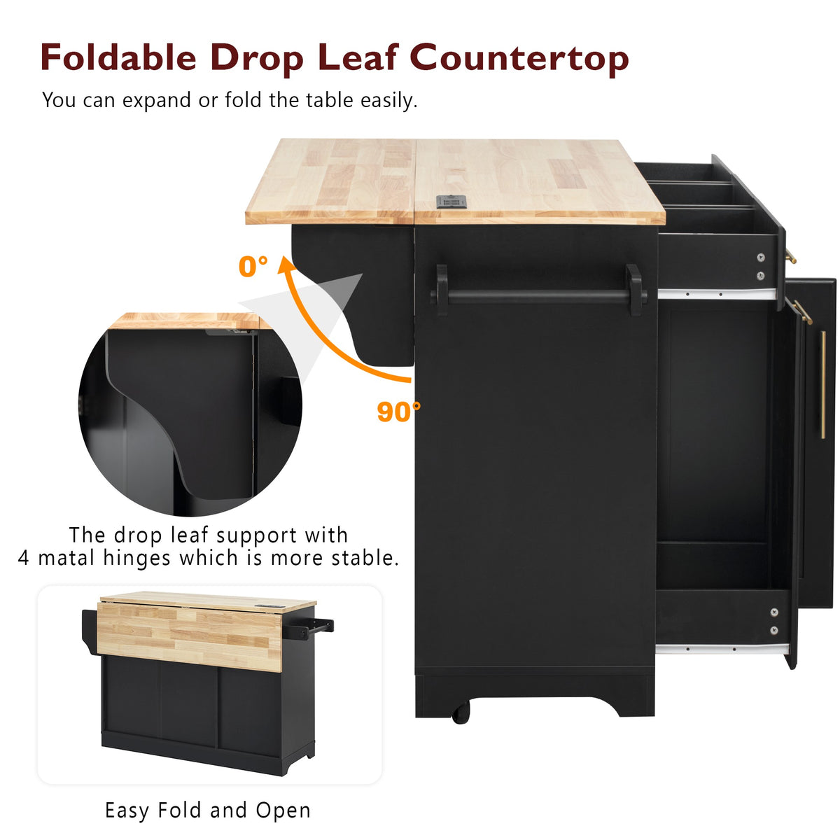 variant-group:rf-n707s299014b|Roomfitters 59.3" Kitchen Island with Power Outlet, Drop Leaf and Double Trash Can Pull Out, Rolling Cart, Black