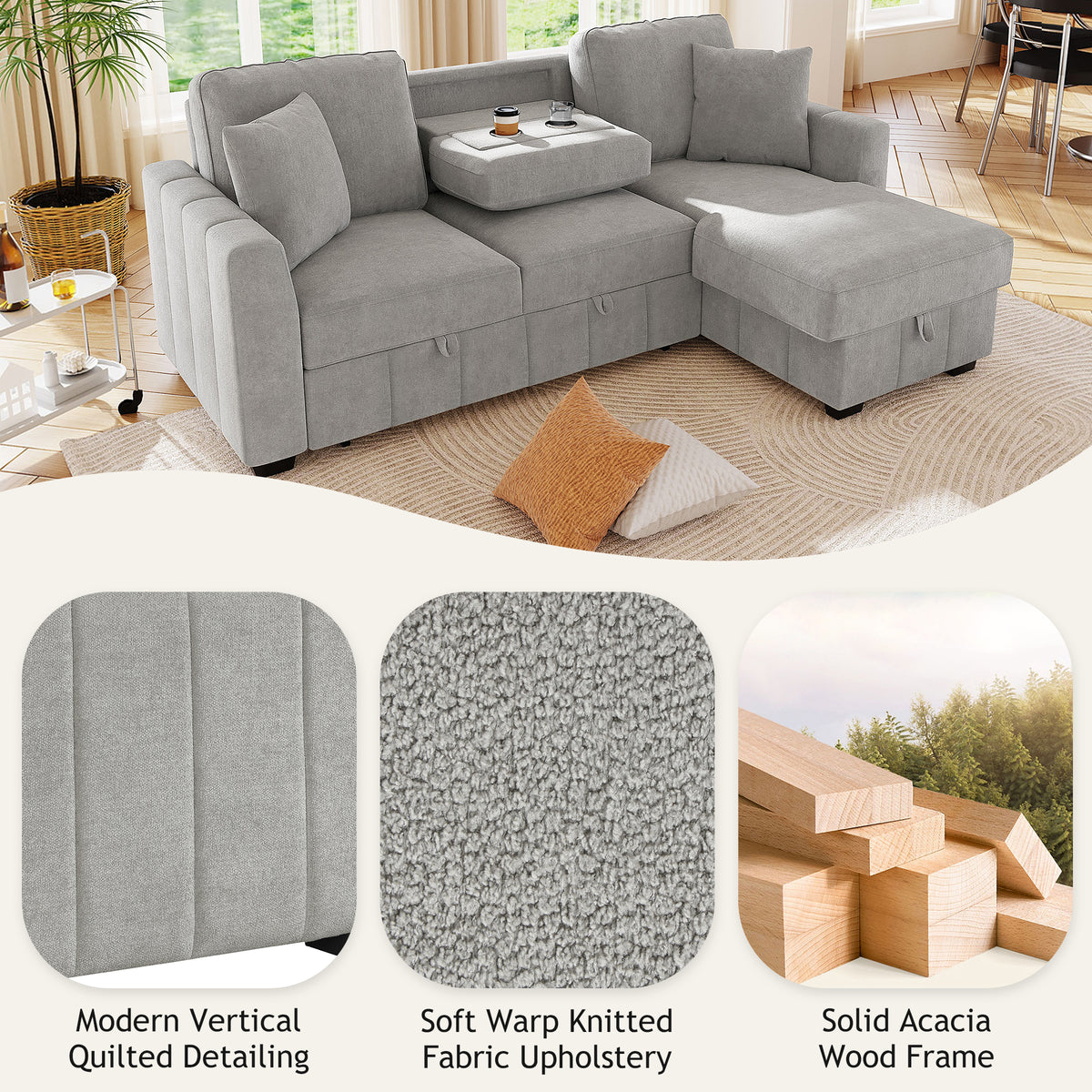 variant-group:rf-n711wy000467aae|Roomfitters 90" L-Shaped Sectional Sleeper Sofa with Storage Chaise and Pull Out Bed, Fold Down Cup Holder Table, Grey