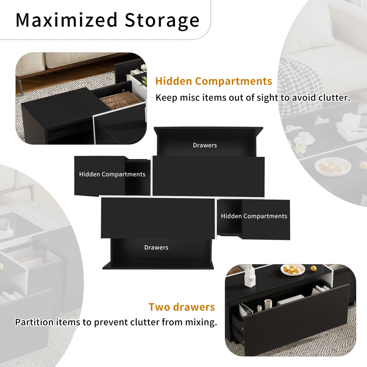 variant-group:rf-n724p292070b|Roomfitters Glossy Extendable Coffee Table with 2 Drawers and Hidden Storage Compartments, Multi-Functional Design, Black