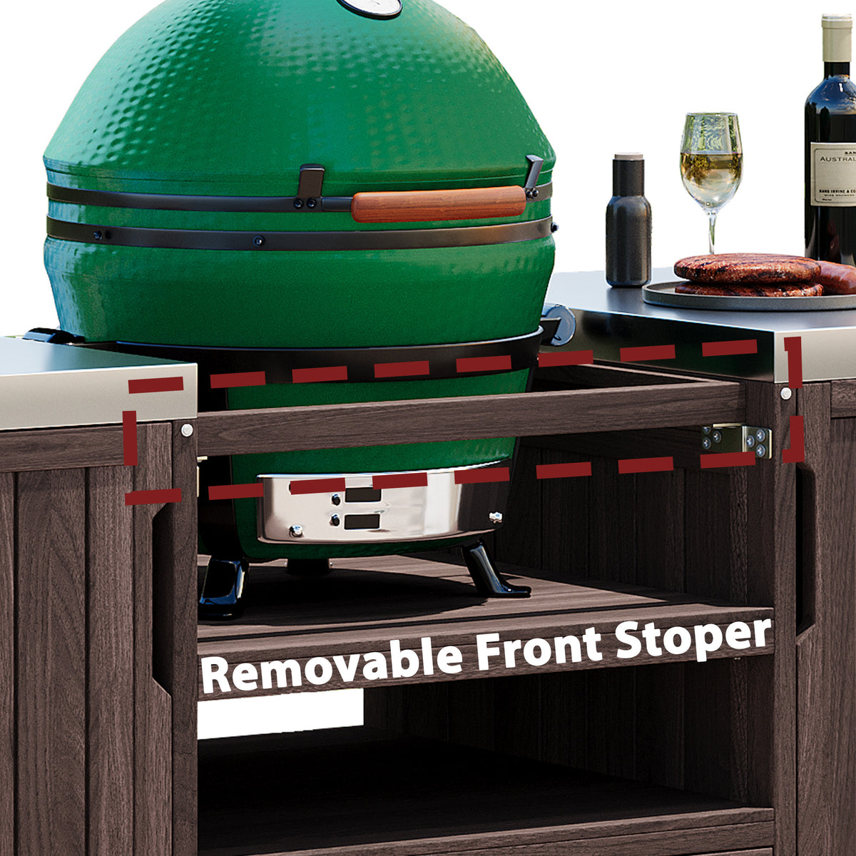 variant-group:rf-n707p250629z|Roomfitters 66.5" Outdoor Kitchen Island for Big Kamado Grills, Wood Grill Cart with Stainless Steel Top, Storage, Dark Brown