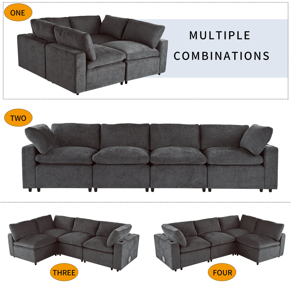 variant-group:rf-n711wy000413aae|Roomfitters Upholstered Modular Sofa with Storage Space, USB Charging Ports, Wireless Charging, Built-in Bluetooth Speaker, Sectional Sofa for Living Room and Apartment, Gray