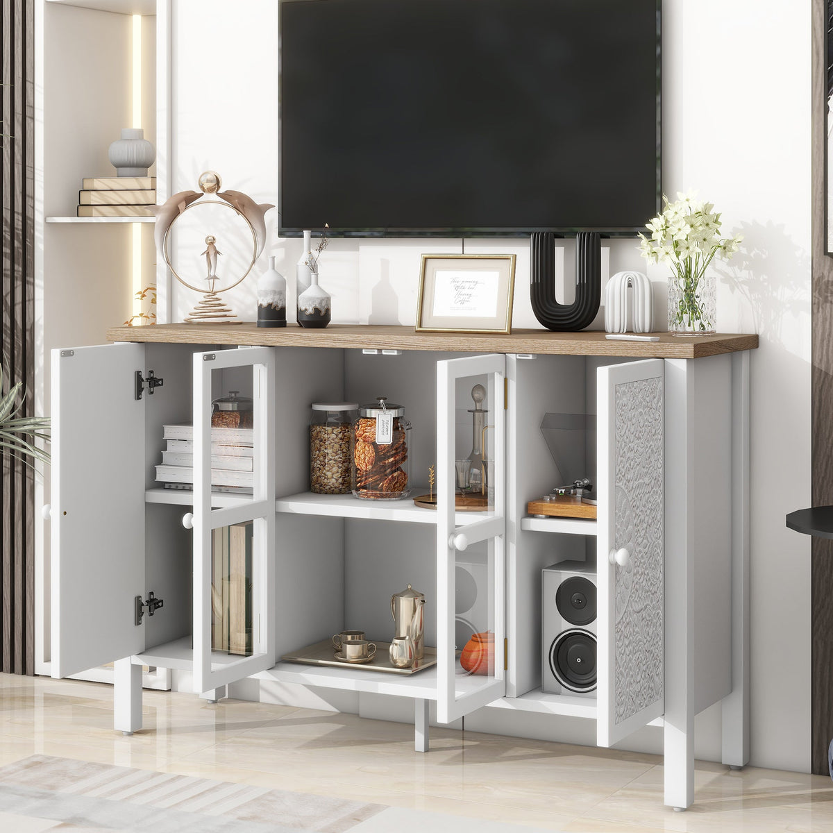 Roomfitters Retro TV Stand for up to 43 Inch TV, Media Console with Glass Cabinet Doors and Anti-Tip Safety Feature, White Roomfitters