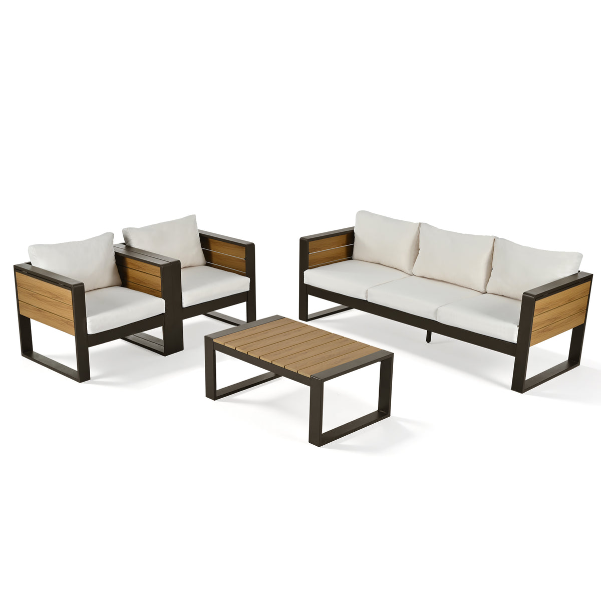 variant-group:rf-n704g201257a|Roomfitters 4-Piece Aluminum Patio Conversation Set with Four Fold-Out Side Trays and Slatted Coffee Table Beige