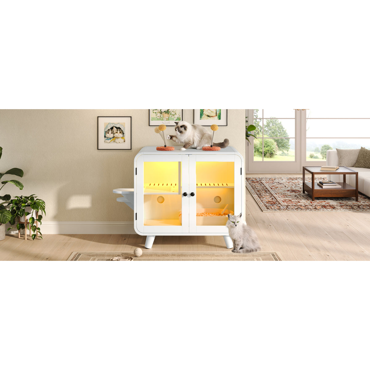 variant-group:rf-n704p419240k|Roomfitters Retro TV-Style Hidden Cat Litter Box Enclosure with App Controlled RGB LED Lights and Stairs White