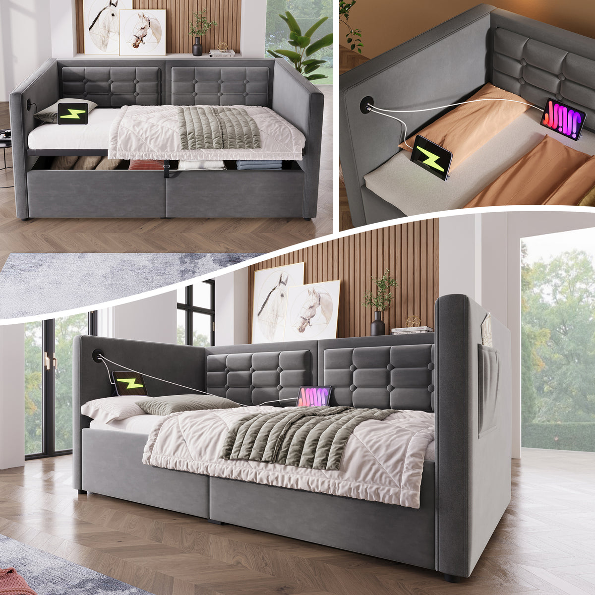 variant-group:rf-n736p303402g|Roomfitters Upholstered Twin Size Daybed with Storage, USB & Type-C Charging, Tufted Sofa Back, Velvet Gray
