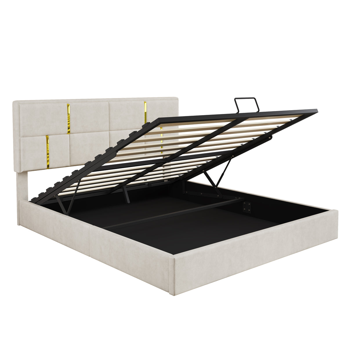 variant-group:rf-n733s362241a|Roomfitters Queen Upholstered Platform Bed with Hydraulic Storage Lift, Modern Bed Frame, No Box Spring Required, Beige