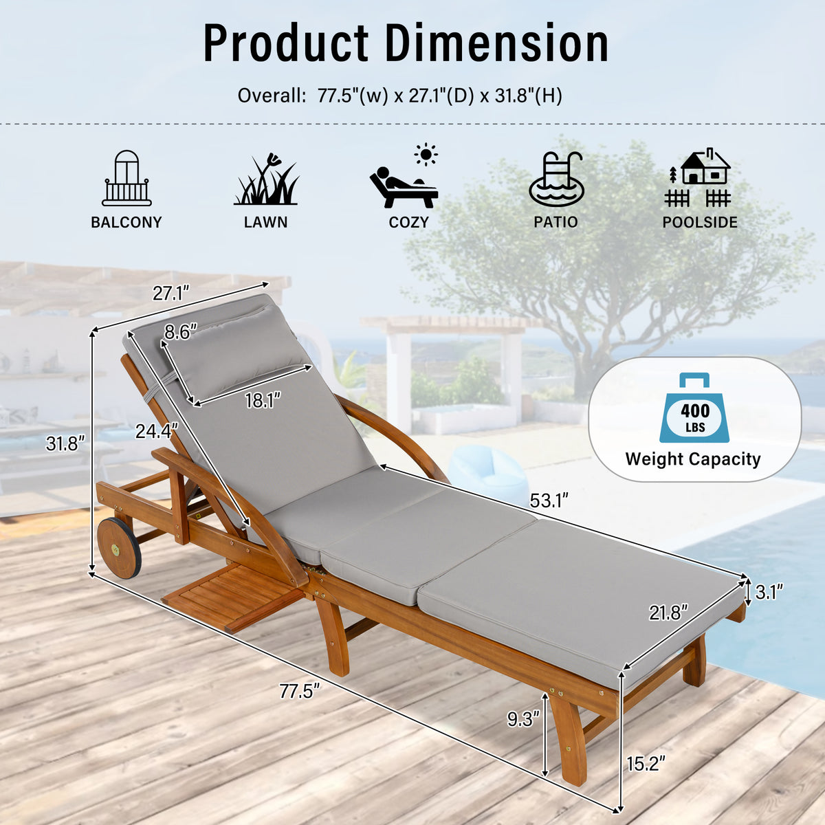 variant-group:rf-n711p415859e|Roomfitters Contemporary Slate Grey Acacia Wood Outdoor Chaise Lounge Chair, Poolside Recliner, Retractable Tray
