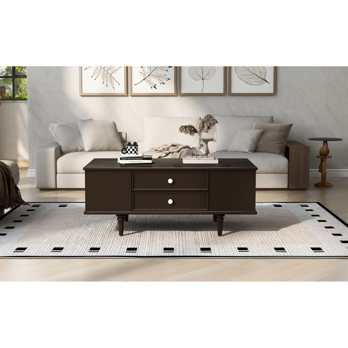 variant-group:rf-n724p286418d|Roomfitters Modern Rectangle Coffee Table with 4 Drawers and Hidden Side Storage, Solid Wood Legs, Brown