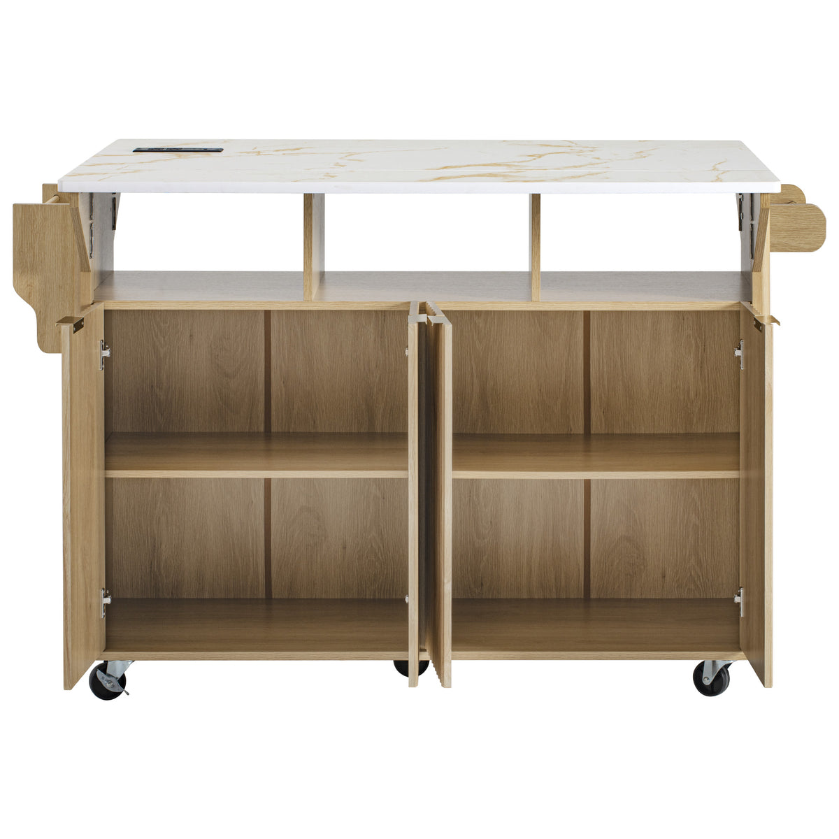 variant-group:rf-n707p353934y|Roomfitters 55.5" Fluted Kitchen Island with Double Drop Leaf, Natural Storage Cart with Power Outlet & Faux Marble Top