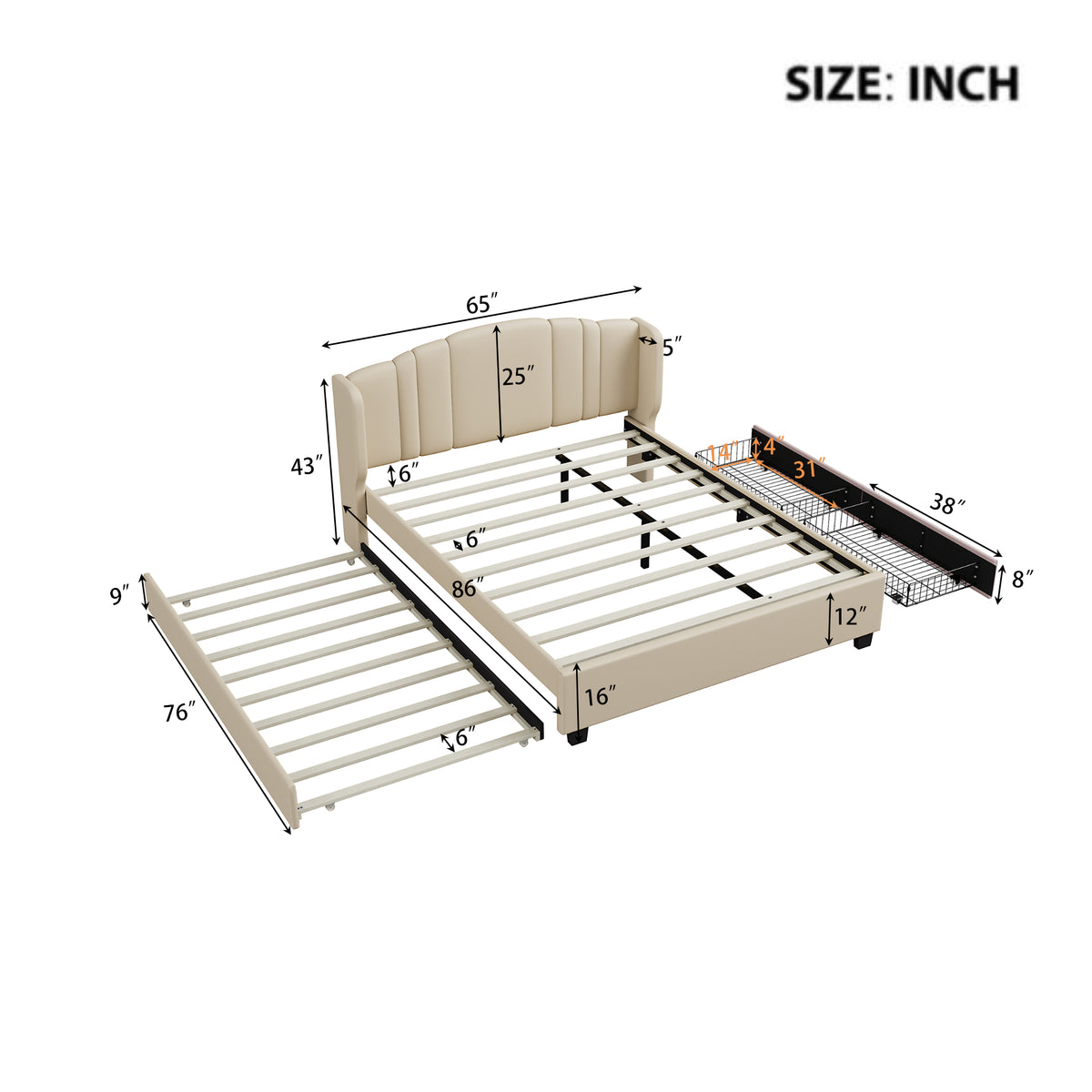 variant-group:rf-n733s208132a|Roomfitters Twin Size Trundle Upholstered Platform Bed with Wingback Headboard and 2 Drawers, No Box Spring Needed, Linen Fabric, Queen Size, Beige