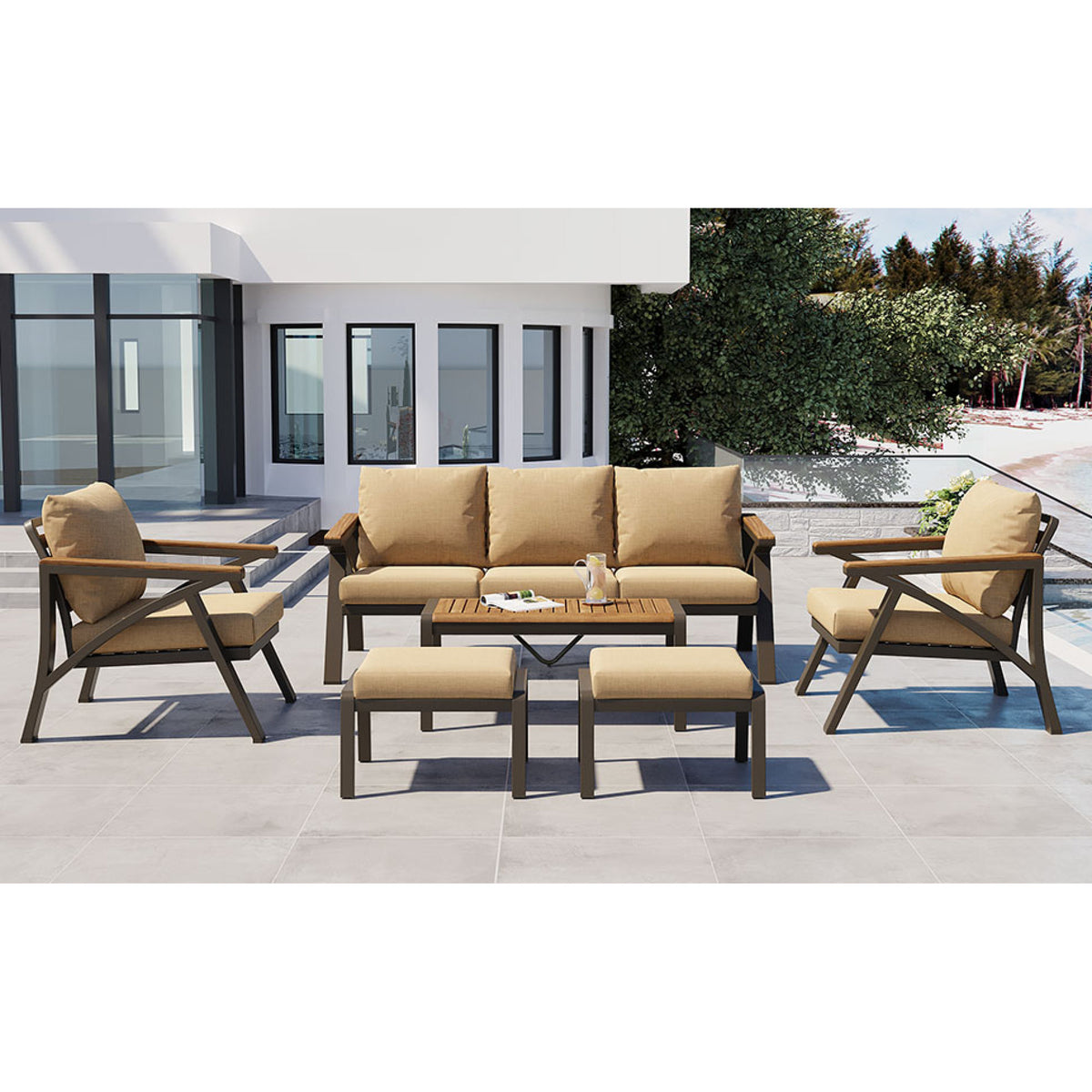 variant-group:rf-n704g201256d|Roomfitters 6-Piece Steel Conversation Set with 3-Seat Sofa Multi-Functional Ottomans and Acacia Wood Table Brown