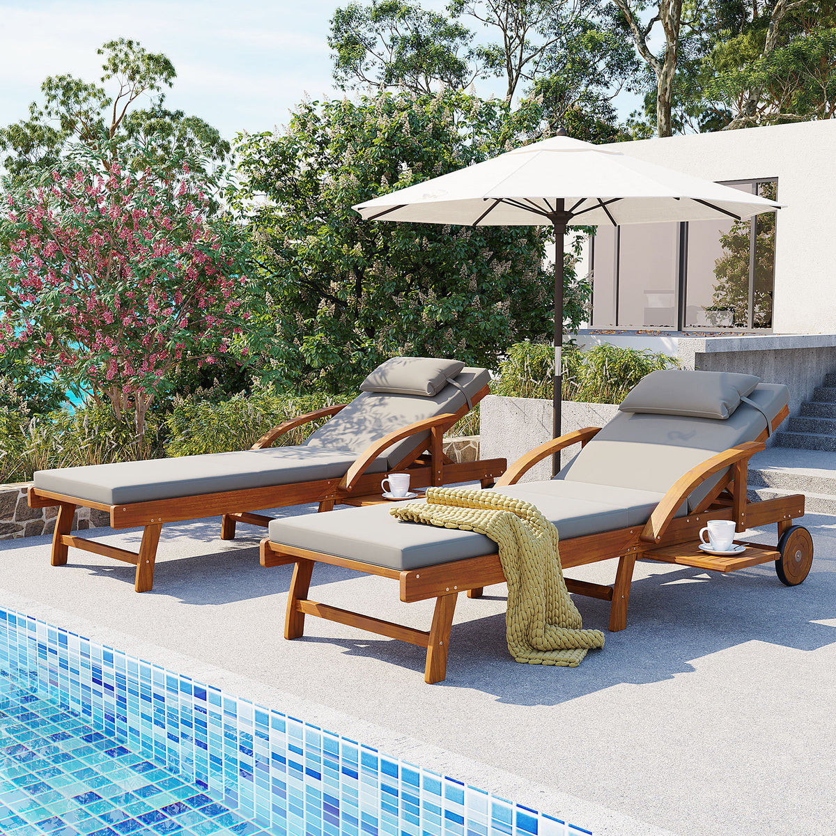 variant-group:rf-n711wy000482aae|Roomfitters 77.5-Inch Adjustable Acacia Wood Outdoor Lounge Chairs, Set of 2 Reclining Chaise Loungers, Grey Cushions